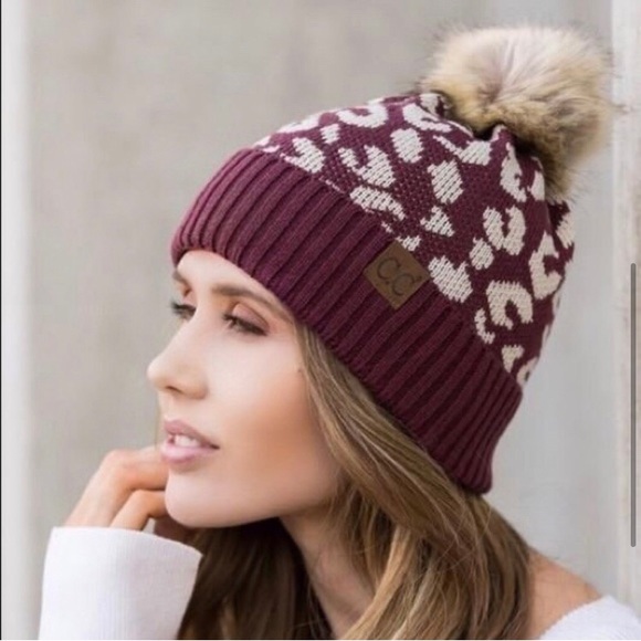 Burgundy C.C leopard furry pom hat women’s winter warm cozy beanie hat - Picture 3 of 4